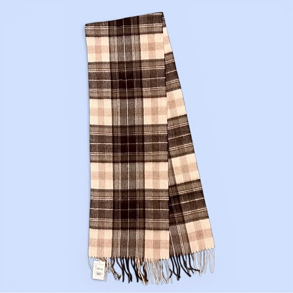 Nordstrom Tartan Plaid 100% Wool Muffler Scarf‎ Fringe NWT Brown, Cream